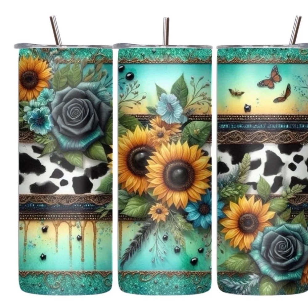 Handmade Cow print and Sunflowers Tumbler. NWOT